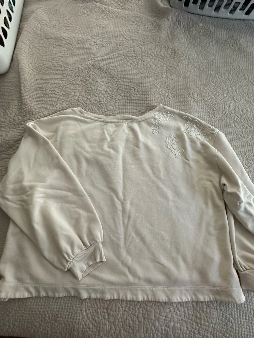 Anthropologie Cream Lace Appliqué Scoop-Neck Sweatshirt